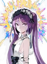  1girl andrian_gilang arms_at_sides bow bracelet breasts choker commentary dress euryale fate/hollow_ataraxia fate_(series) hair_ribbon hairband halo headdress jewelry looking_at_viewer open_mouth petals purple_hair ribbon shadow sideboob sidelocks sleeveless sleeveless_dress small_breasts smile solo twintails upper_body violet_eyes white_background 