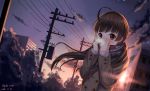  1girl 2016 absurdres ahoge brown_eyes brown_hair highres long_hair original outdoors qi==qi road scarf scarf_over_mouth signature solo steam street upper_body 