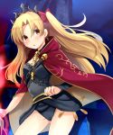  1girl bangs black_leotard blonde_hair blush bow breasts brown_eyes cloak cowboy_shot earrings ereshkigal_(fate/grand_order) eyebrows_visible_through_hair fate/grand_order fate_(series) hair_bow jewelry leotard long_hair looking_at_viewer marimo_danshaku parted_bangs parted_lips red_bow skull small_breasts solo strap thighs tohsaka_rin two_side_up 