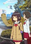  2girls bag brown_hair douta_moee jitome meteor moee-chan_ha_ki_ni_shinai multiple_girls oda_takayuki original pleated_skirt school_bag school_uniform serafuku short_hair skirt sweater tortoise turtle ufo 