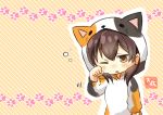  1girl absurdres alternate_costume animal_costume artist_name brown_eyes brown_hair cat_costume clenched_hand commentary_request highres kaga_(kantai_collection) kantai_collection long_sleeves motion_lines one_eye_closed open_mouth orange_background paw_print short_hair solo striped striped_background taisa_(kari) 