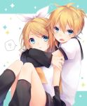  1boy 1girl ? bass_clef black_legwear blonde_hair blue_eyes bow brother_and_sister commentary_request detached_sleeves hair_between_eyes hair_bow hair_ornament hair_ribbon hairclip hug hug_from_behind incest kagamine_len kagamine_rin kuroi_(liar-player) leg_warmers looking_at_viewer necktie open_mouth ribbon sailor_collar short_hair shorts siblings spoken_question_mark treble_clef twincest twins vocaloid yellow_necktie 
