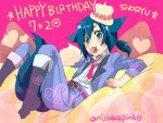  1boy animal_ears artist_name blue_eyes blue_hair blush boots cake character_name dated eating food fruit happy_birthday heart kpinko log_horizon low_ponytail male_focus necktie pink_background shouryuu_(log_horizon) simple_background sitting solo star strawberry tail wolf_ears wolf_tail 