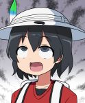  1girl ahegao backpack bag black_eyes black_hair collarbone commentary_request eyebrows eyebrows_visible_through_hair feathers hair_between_eyes hat kaban kemono_friends looking_up masara masara_ahegao open_mouth red_shirt rolling_eyes safari_hat shirt short_hair solo upper_body 