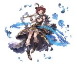  1girl blue_eyes boots bow dress feathers flute frills granblue_fantasy hair_ornament instrument knee_boots looking_away minaba_hideo musical_note official_art one_eye_closed pamela_(granblue_fantasy) redhead ribbon short_hair sleeveless smile solo transparent_background wrist_cuffs 