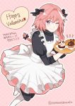 1boy apron blush braid candy dress fate/apocrypha fate/grand_order fate_(series) food hair_ribbon long_hair looking_at_viewer maid male_focus one_eye_closed pink_hair ribbon rider_of_black simple_background single_braid solo srnk trap violet_eyes white_hair 