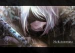 1girl 2017 bangs black_dress black_hairband blindfold copyright_name covered_eyes crying dated dress face facing_viewer hair_over_one_eye hairband holding holding_sword holding_weapon juliet_sleeves letterboxed lips long_sleeves mole mole_under_mouth nier_(series) nier_automata parted_lips puffy_sleeves rain ribbed_dress sad short_hair signature silver_hair single_tear solo streaming_tears sword tears teeth turtleneck tyouya upper_body water weapon yorha_no._2_type_b 