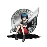  androgynous black_ribbon black_shoes black_shrit blue_hair breasts chains collarbone copyright_name divine_gate full_body hair_ornament hairclip looking_down official_art red_shorts ribbon shadow shoes short_hair shorts sitting solo steins;gate transparent_background ucmm urushibara_ruka violet_eyes wrist_ribbon 