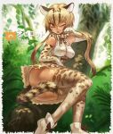 1girl 2017 animal_ears animal_print artist_name ass bangs bare_shoulders blonde_hair bow bow_legwear bowtie breasts brown_dress brown_gloves cat_ears cat_tail dated dress elbow_gloves eyebrows_visible_through_hair forest gloves hair_between_eyes hand_up high-waist_skirt highres in_tree kemono_friends leaf legs_together long_hair looking_at_viewer lying medium_breasts miniskirt nature no_panties ocelot_(kemono_friends) ocelot_ears ocelot_print ocelot_tail on_side one_eye_closed open_mouth outdoors paw_pose plant print_legwear sayukino shirt shoes short_dress sitting sitting_in_tree skirt sleeveless sleeveless_shirt solo tail tail_censor thigh-highs tree white_gloves white_shirt white_shoes yellow_eyes
