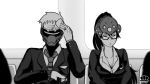  1boy 1girl bespectacled breasts cleavage commentary formal glasses greyscale head_mounted_display jewelry kannovaku long_hair looking_at_watch mask medium_breasts monochrome necktie office_lady overwatch ponytail ring salaryman semi-rimless_glasses skirt_suit sleeping sleeping_upright soldier:_76_(overwatch) suit sweat train_interior under-rim_glasses visor watch watch wedding_band widowmaker_(overwatch) 