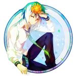  1boy 2014 artist_name blue_hair blue_necktie character_name circle dated dress_shirt flower happy_birthday long_sleeves looking_at_viewer male_focus matsuda_poiyo multicolored_hair necktie red_eyes shirt solo sweatband utau wristband 