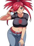  1girl ;p asuna_(pokemon) bangs belt breasts crop_top denim gym_leader hand_on_own_knee hips holding holding_poke_ball jeans large_breasts looking_at_viewer glasses_man midriff navel one_eye_closed pants poke_ball pokemon pokemon_(game) pokemon_oras pokemon_rse ponytail red_eyes redhead shirt short_sleeves simple_background smile solo swept_bangs taut_clothes taut_shirt tongue tongue_out white_background 