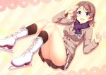  1girl black_legwear blue_eyes blush breasts brown_hair ice_skates looking_at_viewer love_live! love_live!_sunshine!! mmrailgun pleated_skirt salute scarf short_hair skates skirt smile solo thighs watanabe_you 