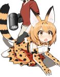  2girls all_fours animal_ears animal_print bare_shoulders black_gloves black_hair blonde_hair blush boots bow bowtie chestnut_mouth elbow_gloves gloves hair_dryer hand_on_another&#039;s_ass head_out_of_frame kaban kemono_friends looking_away multiple_girls open_mouth parody red_shirt serval_(kemono_friends) serval_ears serval_tail shirt short_hair simple_background skirt sleeveless solo sudo_shinren t-shirt tail white_background white_shirt yellow_eyes 