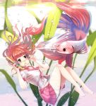  1girl air_bubble bangs barefoot blurry breasts brown_hair depth_of_field eyebrows_visible_through_hair feet fish floating_hair full_body goggles green_eyes hand_on_goggles hands_up highres looking_at_another medium_breasts miyaza navel open_mouth original pink_skirt plant pleated_skirt school_uniform scuba_gear serafuku skirt smile solo underwater water_surface yellow-framed_eyewear 