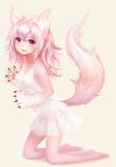  &gt;:) 1girl animal_ears bangs breasts dress eyebrows_visible_through_hair fangs fox_ears fox_tail full_body hair_between_eyes highres kneeling looking_at_viewer original parted_lips paws pink_eyes see-through simple_background small_breasts smile solo sukemyon tail tan_background white_dress white_hair 