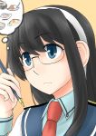  1girl black_hair blue_eyes close-up food glasses hairband kantai_collection katakata_unko long_hair looking_up necktie ooyodo_(kantai_collection) pen red_necktie school_uniform semi-rimless_glasses serafuku solo thinking under-rim_glasses upper_body 