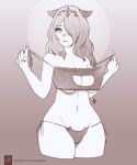  1girl breasts camilla_(fire_emblem_if) cat_cutout cat_ear_panties cat_lingerie cleavage cleavage_cutout cowboy_shot curvy erica_june_lahaie fire_emblem fire_emblem_if greyscale groin hair_over_one_eye hips horned_headwear horns large_breasts lips long_hair looking_at_viewer meme_attire monochrome navel panties side-tie_panties signature smile solo thick_thighs thighs tiara under_boob underwear undressing watermark web_address wide_hips 
