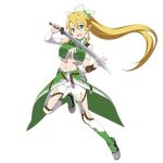  1girl avel blonde_hair braid breasts cleavage crop_top detached_sleeves green_eyes hair_between_eyes hair_ornament holding holding_sword holding_weapon large_breasts leafa long_hair midriff one_leg_raised open_mouth ponytail shorts simple_background solo sword sword_art_online very_long_hair weapon white_background white_shorts 
