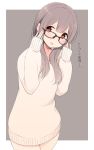  1girl :d adjusting_glasses bangs beige_sweater blush brown-framed_eyewear brown_eyes cowboy_shot dress eyebrows_visible_through_hair glasses grey_background grey_hair hair_between_eyes hands_up heart long_hair looking_at_viewer nekoume open_mouth original ribbed_sweater simple_background smile solo sweater sweater_dress thighs white_border 