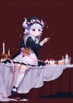  1girl alternate_costume apron bangs beads black_dress black_shoes blue_eyes blunt_bangs blush bonnet bow cake candle candlestand copyright_name dragon_girl dragon_horns dress food fruit full_body hair_beads hair_ornament highres holding horns kanna_kamui kobayashi-san_chi_no_maidragon long_hair long_sleeves maid maid_apron mio-muo1206 shoes silver_hair simple_background sitting solo sparkle strawberry table teapot twintails white_apron white_legwear 
