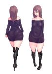  1girl ass bare_shoulders boots breasts brown_hair high_heel_boots high_heels highres huge_ass long_hair looking_at_viewer original pout shiroinuchikusyo simple_background solo thick_thighs thigh_boots thighs white_background 