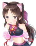  1girl animal_ears bell black_eyes black_hair blush bow breasts brown_eyes brown_hair cat_ears cat_paws hair_bow highres idolmaster idolmaster_cinderella_girls jingle_bell kashiwamochi_roko long_hair looking_at_viewer navel open_mouth paws ribbon simple_background small_breasts solo tachibana_arisu white_background 