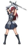  1girl absurdres armor armpits arms_up boots erza_scarlet fairy_tail full_body greaves hair_over_one_eye highres holding holding_sword holding_weapon long_hair official_art parted_lips red_eyes redhead simple_background skirt solo sword two-handed weapon white_background wide_stance 