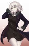  1girl arm_up black_coat black_dress breasts cape coat collarbone cowboy_shot denpa_(denpae29) dress eyebrows_visible_through_hair fate/grand_order fate_(series) fur-trimmed_cape fur_trim gradient gradient_background hair_between_eyes hand_in_hair hand_on_hip head_tilt highres jeanne_alter jewelry long_sleeves looking_at_viewer medium_breasts necklace open_clothes open_coat pale_skin pendant ruler_(fate/apocrypha) short_hair silver_hair standing teeth yellow_eyes 