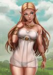  1girl adapted_costume black_panties blonde_hair blue_eyes bracelet dandon_fuga gold jewelry long_hair looking_to_the_side necklace nightgown panties pointy_ears princess_zelda see-through smile solo the_legend_of_zelda the_legend_of_zelda:_breath_of_the_wild underwear 