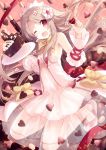  1girl ;d blonde_hair blush bow bowtie cake choco_angel chocolate chocolate_cake chocolate_heart detached_sleeves dress fate/grand_order fate/kaleid_liner_prisma_illya fate_(series) flower food hair_flower hair_ornament headdress heart holding illyasviel_von_einzbern legs_up long_hair looking_at_viewer midair one_eye_closed open_mouth plate pocky red_eyes see-through shoes smile solo sparkle valentine yashiro_seika yellow_bow yellow_bowtie 