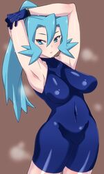  1girl armpits arms_up bangs blue_eyes blue_gloves blue_hair blush breasts brown_background collarbone covered_navel cowboy_shot eyebrows_visible_through_hair eyelashes gloves gym_leader hair_between_eyes halterneck high_ponytail highres ibuki_(pokemon) komusou_(jinrikisha) large_breasts lips long_hair looking_away looking_to_the_side no_bra pokemon pokemon_(game) pokemon_gsc shiny shiny_clothes sideboob simple_background skin_tight solo standing steam sweat tsurime unitard 