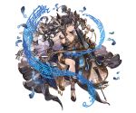  1girl augusta_(granblue_fantasy) bare_shoulders black_gloves black_hair breasts butterfly_hair_ornament chair cleavage doraf dress feathers gloves granblue_fantasy hair_ornament horns instrument large_breasts long_hair looking_at_viewer minaba_hideo musical_note official_art pointy_ears sitting sleeveless solo transparent_background yellow_eyes 