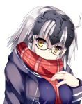  1girl ahoge bangs bespectacled black-framed_eyewear blush breasts cosplay covered_mouth fate/grand_order fate_(series) glasses headpiece heroine_x heroine_x_(alter) heroine_x_(alter)_(cosplay) jacket jeanne_alter looking_at_viewer medium_breasts open_clothes open_jacket plaid plaid_scarf ruler_(fate/apocrypha) ryokushiki_(midori-ya) saber scarf semi-rimless_glasses silver_hair solo under-rim_glasses upper_body yellow_eyes 