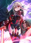  1girl :o absurdres arm_guards armor backlighting black_gloves black_jacket blue_legwear blue_ribbon breastplate colored_eyelashes cowboy_shot dual_wielding eyebrows_visible_through_hair fate/grand_order fate_(series) garter_straps gloves glowing glowing_eyes glowing_sword glowing_weapon hair_between_eyes hair_ribbon head_tilt heroine_x heroine_x_(alter) highres holding holding_sword holding_weapon jacket light_particles long_sleeves looking_at_viewer open_clothes open_jacket open_mouth pale_skin red_eyes ribbon saber sho_(runatic_moon) short_hair solo standing sword thigh-highs thigh_gap thighs weapon 