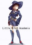  1girl akko_kagari bangs blunt_bangs boots brown_hair contrapposto copyright_name hands_on_hips hat knee_boots little_witch_academia looking_at_viewer red_eyes shirowa smile solo thighs white_background wide_sleeves witch witch_hat 