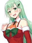  1girl :d alternate_costume bangs blush breasts christmas_tree_hair_ornament cleavage cocona_(coconacafe) detached_collar detached_sleeves eyebrows_visible_through_hair fur-trimmed_sleeves fur_trim green_eyes green_hair hair_ornament hand_up kantai_collection long_hair looking_at_viewer medium_breasts open_mouth santa_costume simple_background smile solo spaghetti_strap suzuya_(kantai_collection) teeth upper_body very_long_hair white_background wing_collar 