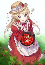  1girl akiru_(igel-flutter) apron arm_ribbon bangs braid brown_hair dress eyebrows_visible_through_hair flower food frills from_above fruit hand_up hat hat_flower hat_ribbon holding juliet_sleeves long_dress long_sleeves looking_at_viewer neck_ribbon open_mouth original outdoors plant puffy_sleeves purple_ribbon red_dress red_ribbon ribbon smile solo strawberry twin_braids violet_eyes 