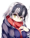  1girl ahoge bangs blush breasts cosplay covered_mouth fate/grand_order fate_(series) headpiece heroine_x heroine_x_(alter) heroine_x_(alter)_(cosplay) jacket jeanne_alter looking_at_viewer medium_breasts open_clothes open_jacket plaid plaid_scarf ruler_(fate/apocrypha) ryokushiki_(midori-ya) saber scarf silver_hair solo upper_body yellow_eyes 