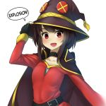  1girl bangs black_hair blush breasts choker collarbone eyebrows_visible_through_hair fingerless_gloves gloves hands_on_headwear hat kono_subarashii_sekai_ni_shukufuku_wo! looking_at_viewer megumin open_mouth red_eyes short_hair_with_long_locks simple_background sinensian small_breasts solo speech_bubble text upper_body wavy_mouth white_background witch witch_hat 