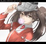  1girl 2017 brown_eyes brown_hair chewing_gum dated highres kantai_collection looking_at_viewer magatama parted_lips ryuujou_(kantai_collection) smile solo tororo_ten twintails visor_cap 