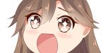  +_+ 1girl arashio_(kantai_collection) brown_eyes brown_hair close-up eyebrows_visible_through_hair hair_flaps kantai_collection long_hair looking_at_viewer no_nose open_mouth simple_background sin-poi solo sparkling_eyes symbol-shaped_pupils white_background 