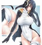  1girl ass black_hair breasts brown_eyes character_name covered_navel cowboy_shot emperor_penguin_(kemono_friends) gluteal_fold hair_over_one_eye headphones highres hood hoodie kemono_friends large_breasts leotard looking_at_viewer multicolored_hair multiple_views thigh-highs unbalance white_legwear white_len_(cat) 
