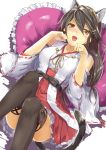 1girl animal_ears bare_shoulders black_hair black_legwear brown_eyes cat_day cat_ears cat_tail clenched_hands detached_sleeves fang frilled_pillow frills hair_between_eyes hair_ornament hairpin haruna_(kantai_collection) heart heart_pillow japanese_clothes kantai_collection kyougoku_touya long_hair nontraditional_miko open_mouth paw_pose pillow red_skirt ribbon-trimmed_sleeves ribbon_trim skirt solo tail thigh-highs 