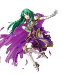  1girl book boots breastplate cape cecilia_(fire_emblem) fire_emblem fire_emblem:_fuuin_no_tsurugi fire_emblem_heroes full_body gloves green_eyes green_hair highres kita_senri long_hair official_art open_mouth solo teeth torn_clothes transparent_background 