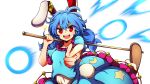  &gt;:d 1girl :d animal_ears baba_(baba_seimaijo) blue_hair blue_shirt blue_skirt bunny_tail commentary_request crescent_print danmaku ear_clip frilled_skirt frills hair_between_eyes highres kine looking_at_viewer open_mouth over_shoulder pointing pointing_at_viewer puffy_short_sleeves puffy_sleeves rabbit_ears red_eyes seiran_(touhou) shirt short_sleeves skirt smile solo sparkle star star_print tail touhou transparent_background upper_body 