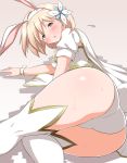  1girl animal_ears ass black_eyes blonde_hair blush djeeta_(granblue_fantasy) dress fake_animal_ears from_behind granblue_fantasy hairband kneehighs looking_at_viewer looking_back lying on_side panties puffy_short_sleeves puffy_sleeves rabbit_ears shinori short_hair short_sleeves solo sweat underwear white_dress white_legwear white_panties 