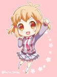  1girl :d chibi necktie no_nose open_mouth orange_eyes pink_background sabu school_uniform senki_zesshou_symphogear skirt smile socks solo tachibana_hibiki_(symphogear) twitter_username white_legwear 