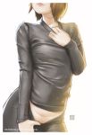  1girl breasts brown_hair contrapposto derivative_work erica_june_lahaie groin head_out_of_frame highres light light_particles lips original pants_pull signature small_breasts smile solo watermark web_address 