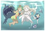  3girls :d ;) ass bare_arms bare_legs bikini blonde_hair blue_hair blush brionne full_body green_eyes green_hair grin hair_ornament hand_holding highres interlocked_fingers knees_up lillie_(pokemon) long_hair looking_at_viewer mallow_(pokemon) multiple_girls nomura_(buroriidesu) ocean one-piece_swimsuit one_eye_closed open_mouth pale_skin pokemon pokemon_(anime) pokemon_(creature) pokemon_sm_(anime) popplio smile soles staryu suiren_(pokemon) swimming swimsuit trial_captain twintails underwater v wishiwashi 